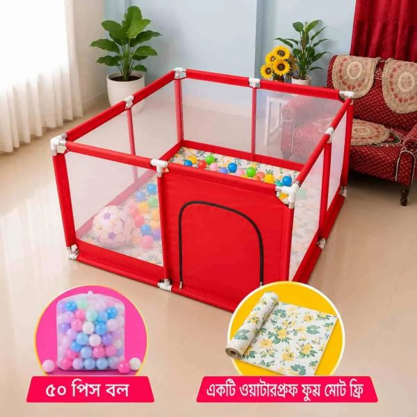৫০টি রঙিন বল ও নরম ফোম ম্যাট সহ শিশুদের খেলার ঘর, শিশুদের খেলার জায়গা (আকার ৪×৪ ফুট)